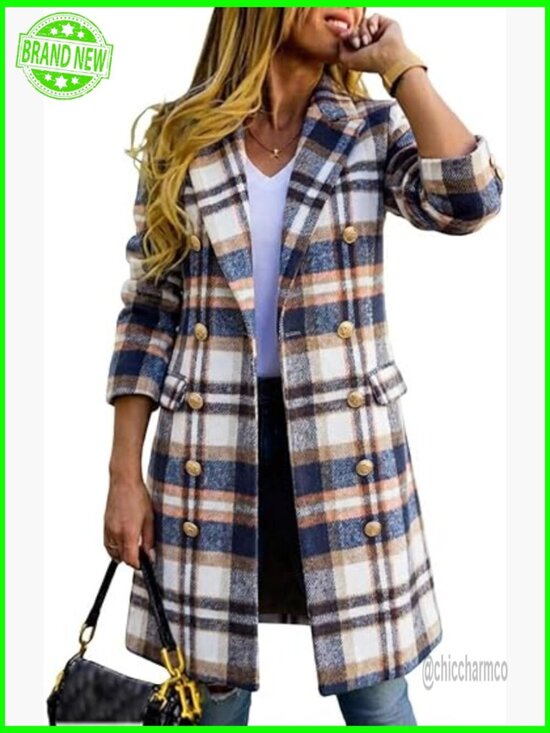 Jackets & Blazers - Long Plaid Wool Double Breasted Peacoat Notch Lapel Trench Fall Winter